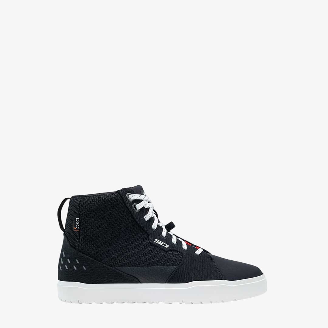 side view of black motorcycle high top trainers