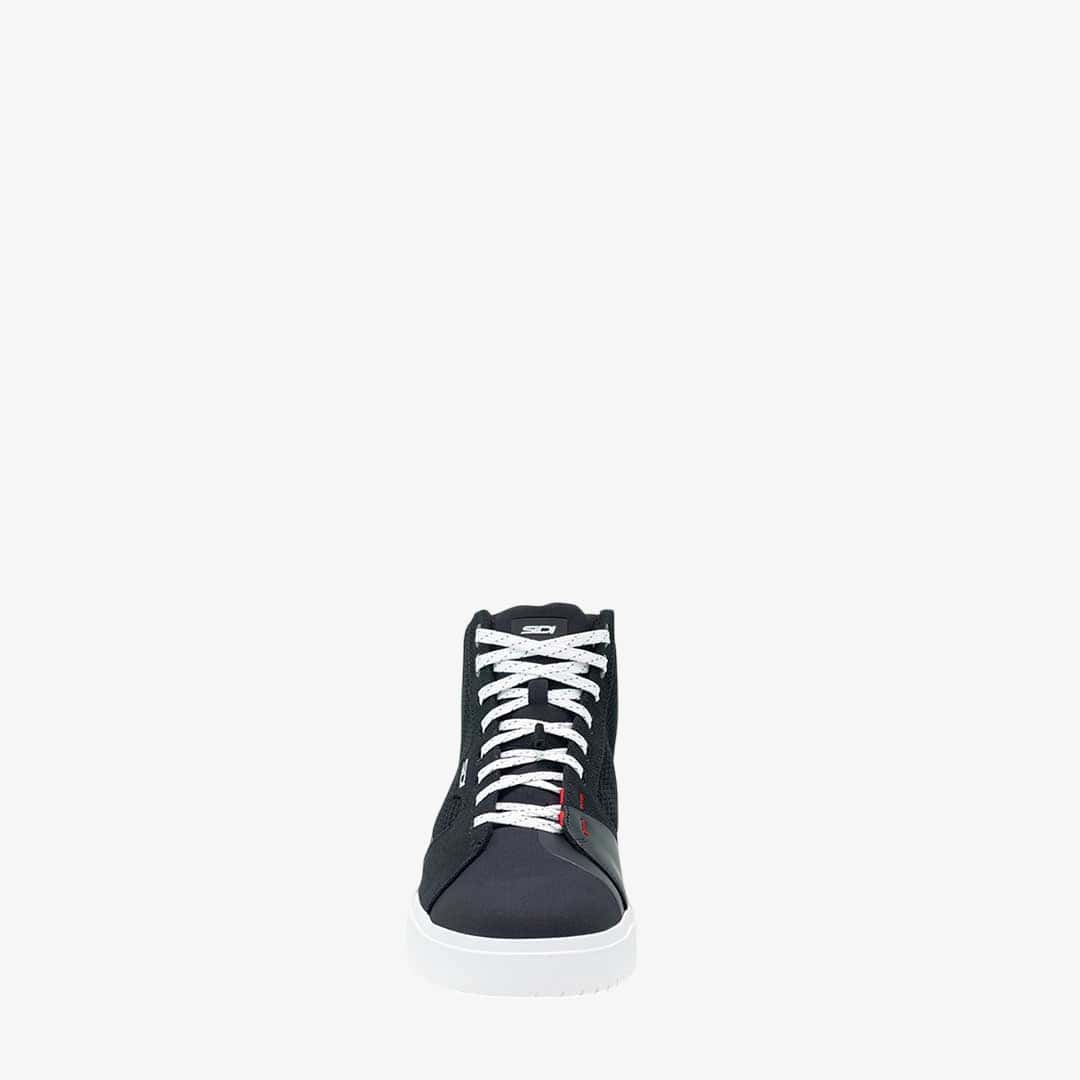 front of black and white lace up high tops trainers for motorcycling