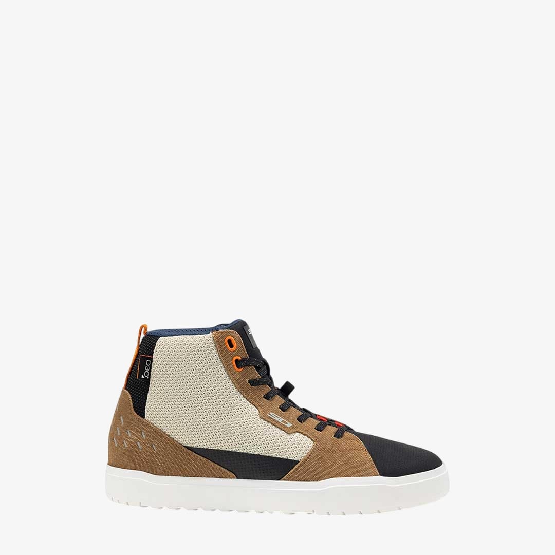 side view of brown and cream motorbike trainers
