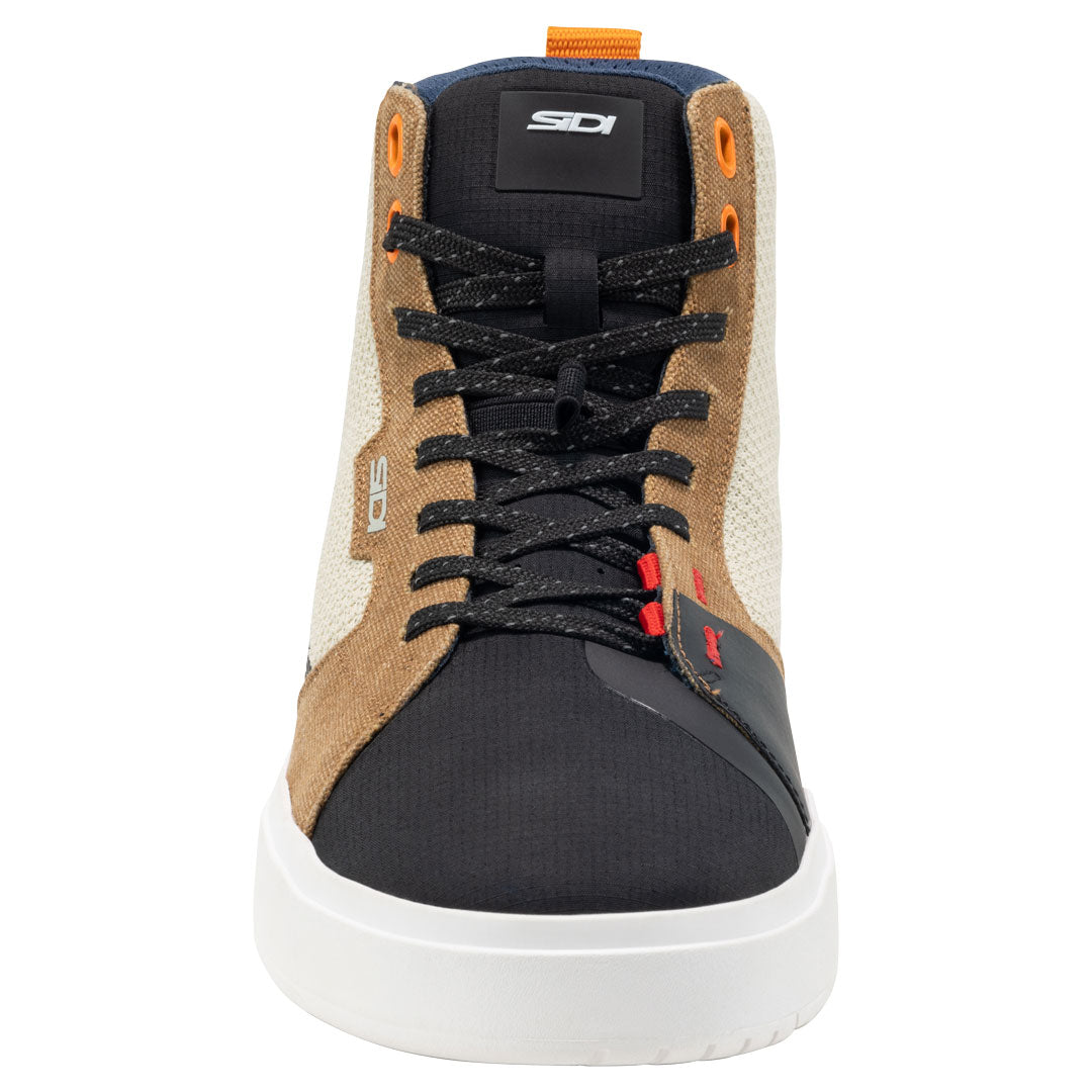 front of a pair of Arx Air motorbike boots in black and brown