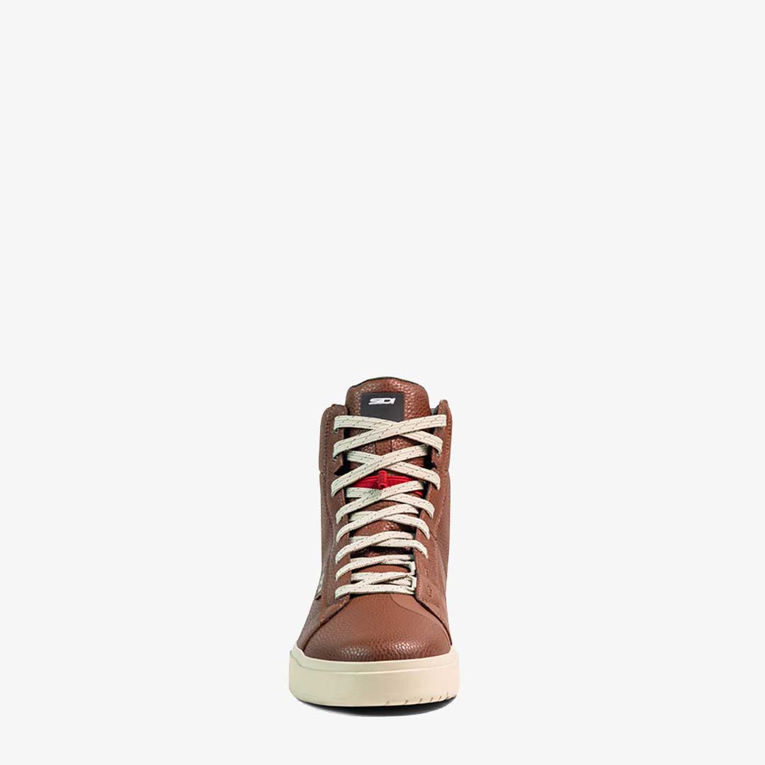 front of lace up brown leather motorcycle boots