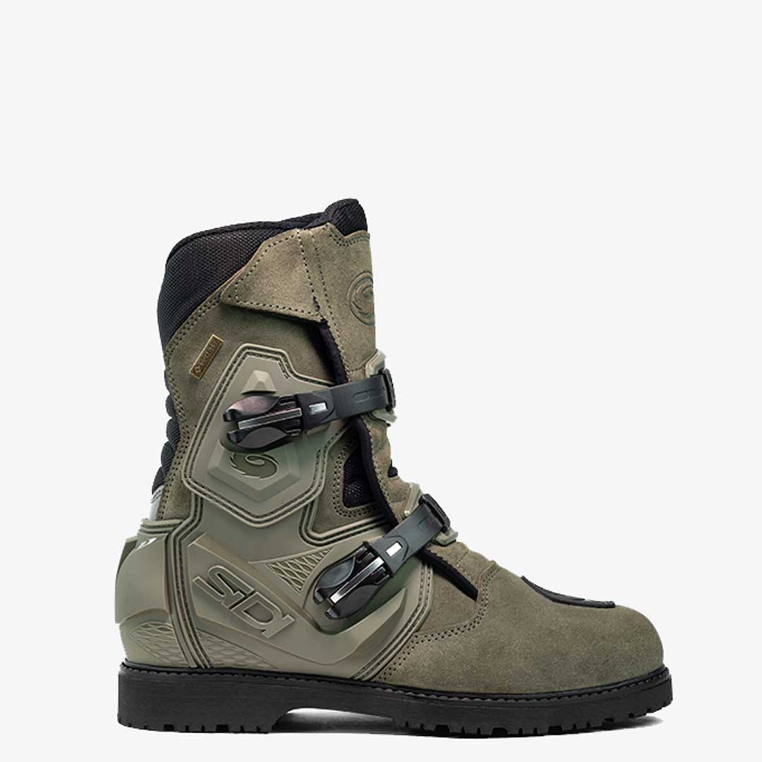 side of military green mid adventure 2 motorbike boots