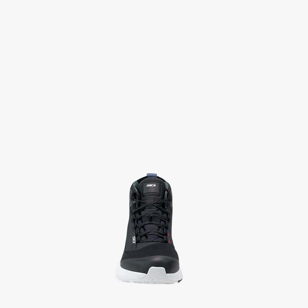 front of lace up black motorcycle shoes