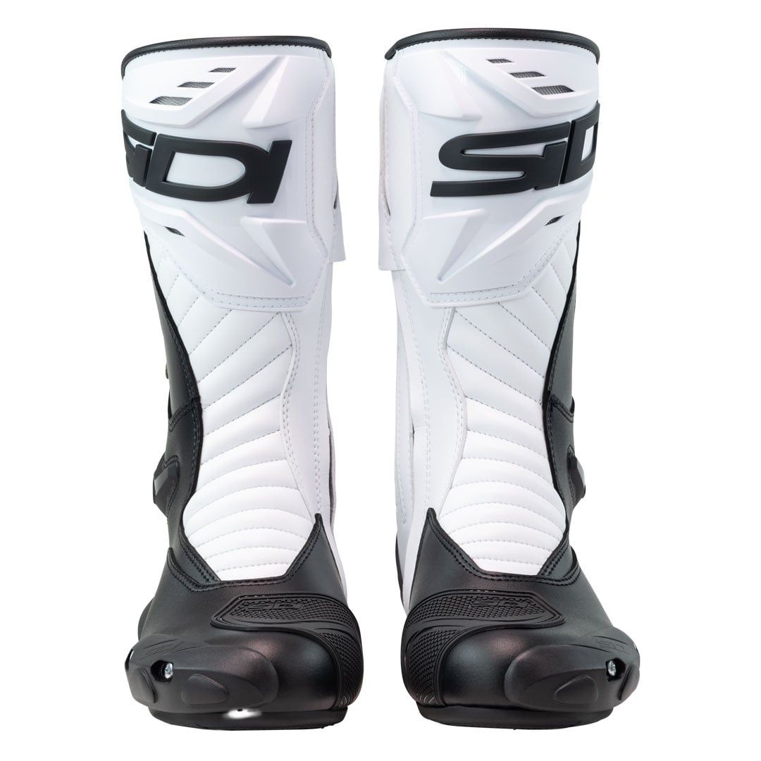front of a pair of Sidi Performer Gore motorbike boots in black and white