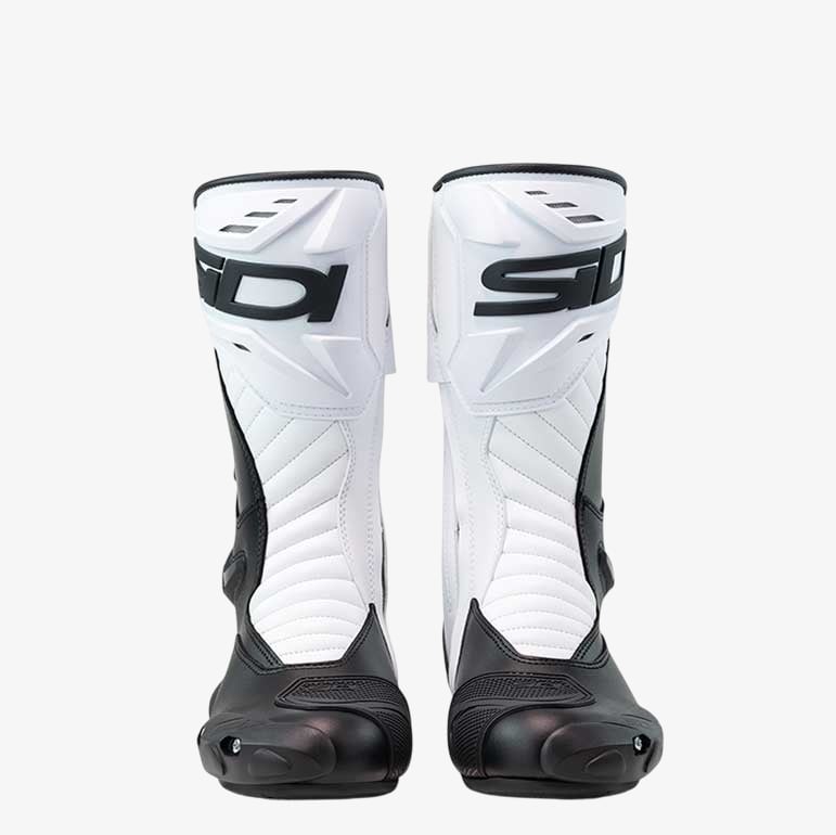 front of a pair of black and white performer gore sidi boots