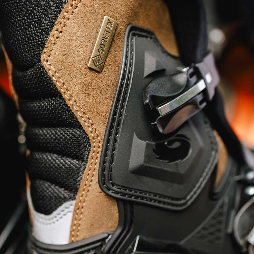 closeup of sidi brown and black mid adventure 2 motorbike boots