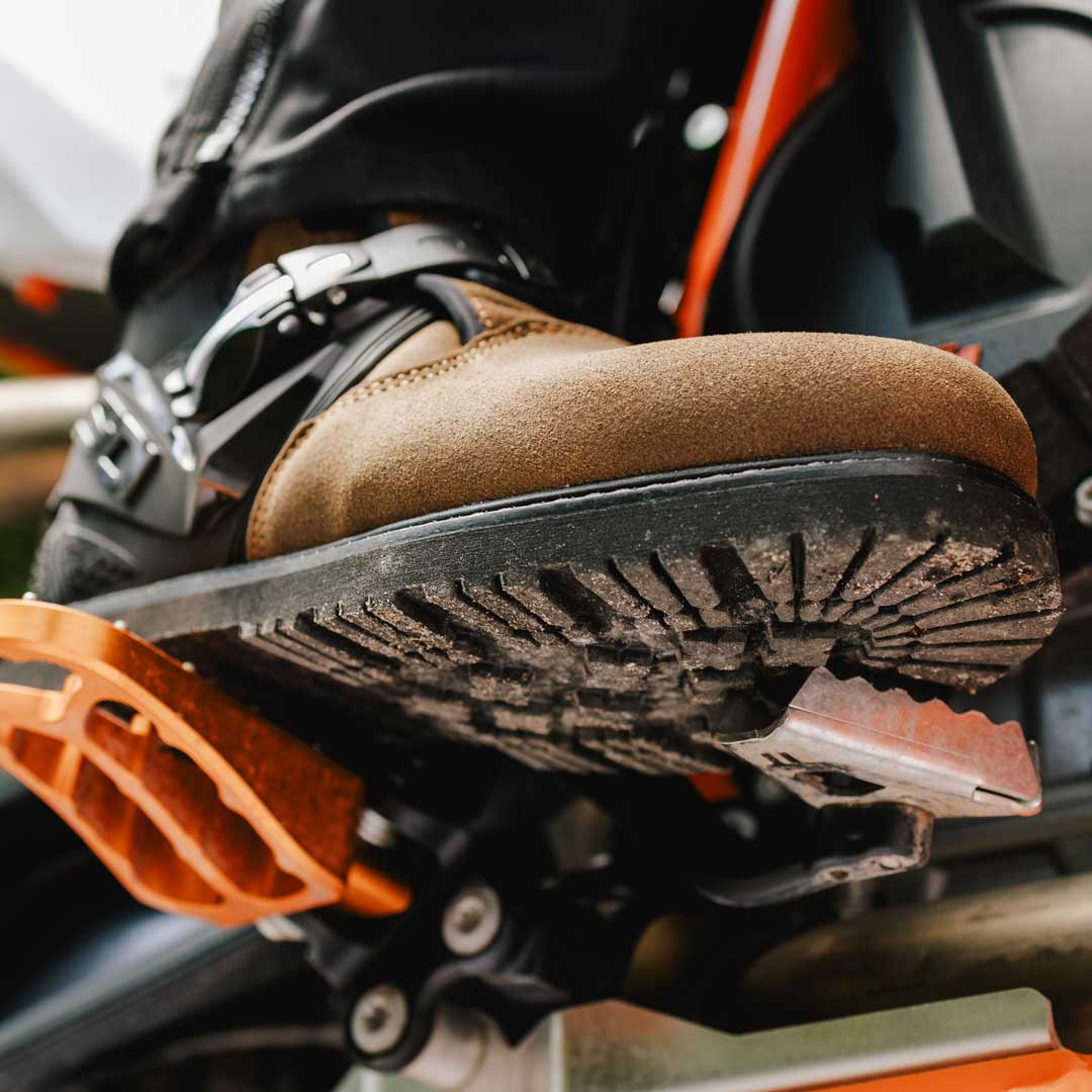 close up of rubber grip sole on motorcycle boots