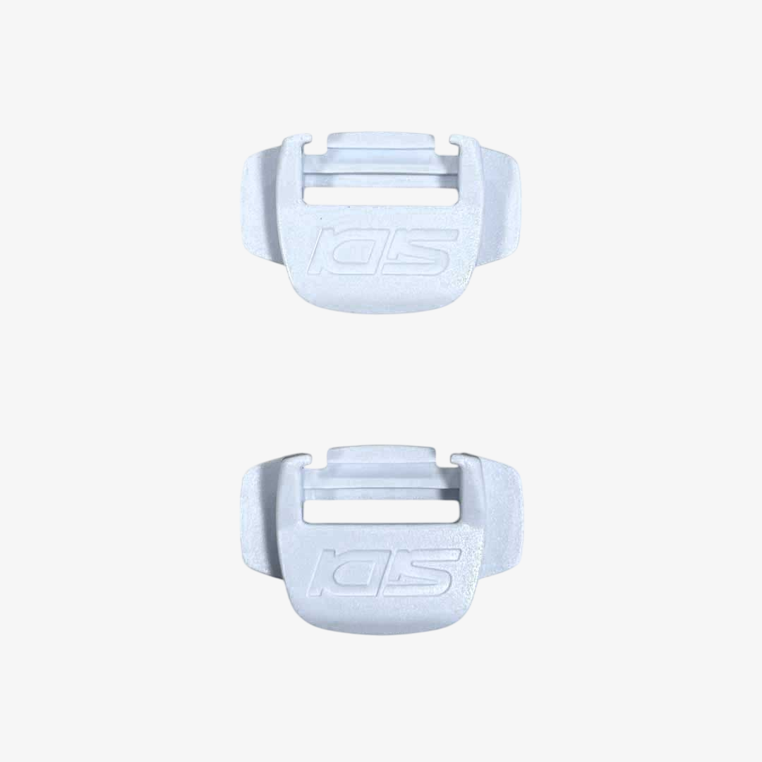 Two white plastic buckles with a brand logo on a light gray background