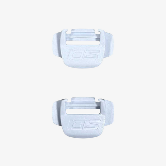 Two white plastic buckles with a brand logo on a light gray background