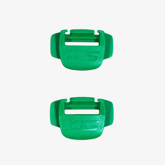 Two green plastic buckles with a brand logo on a white background