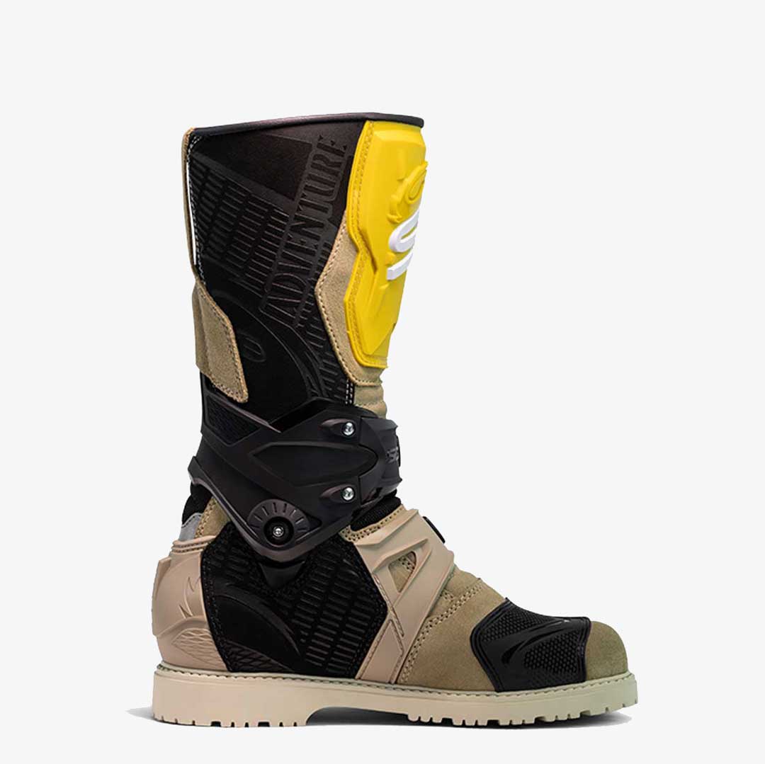 side of brown and black sand ochre adventure 2 gore text boots