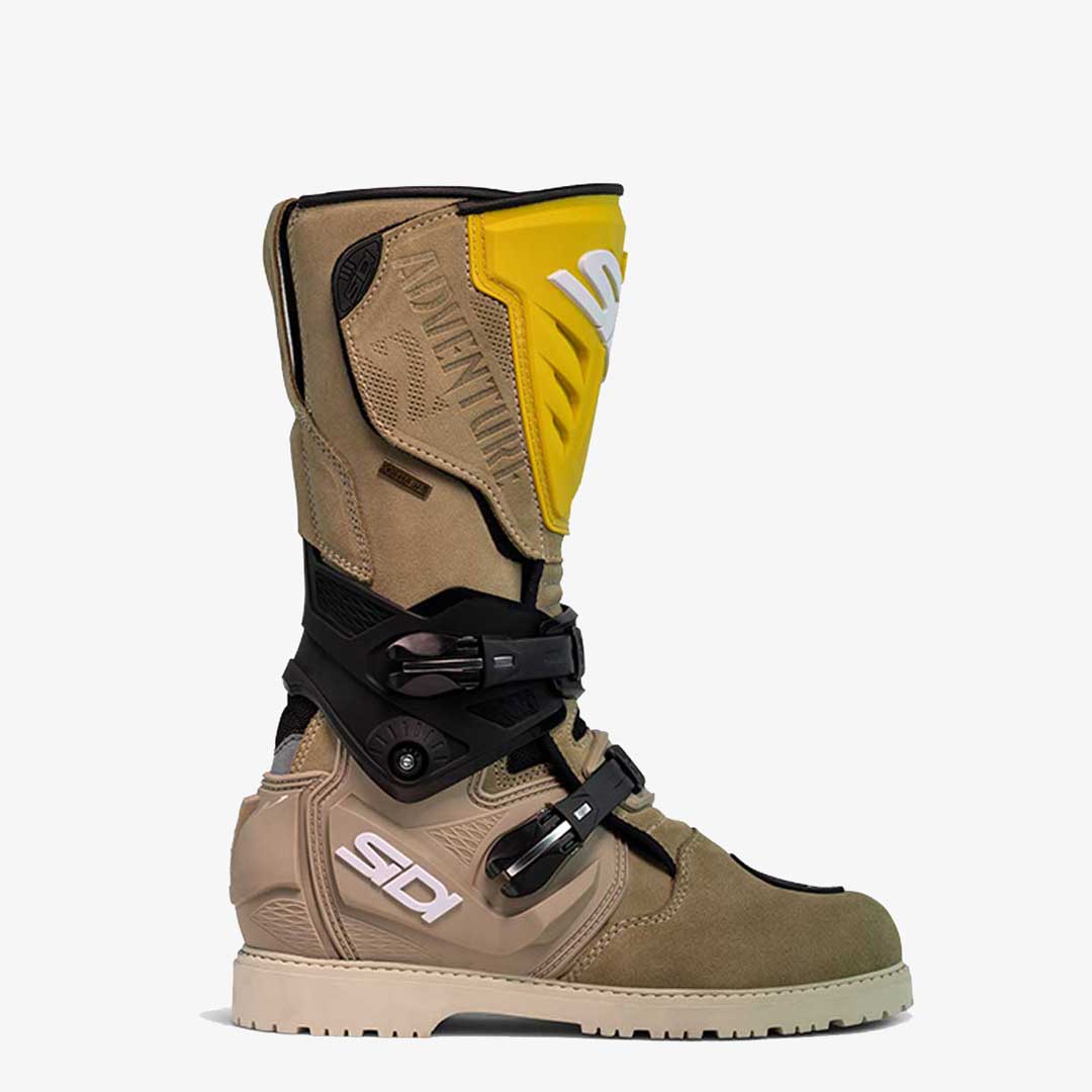 side view of brown adventure 2 gore motorbike boots