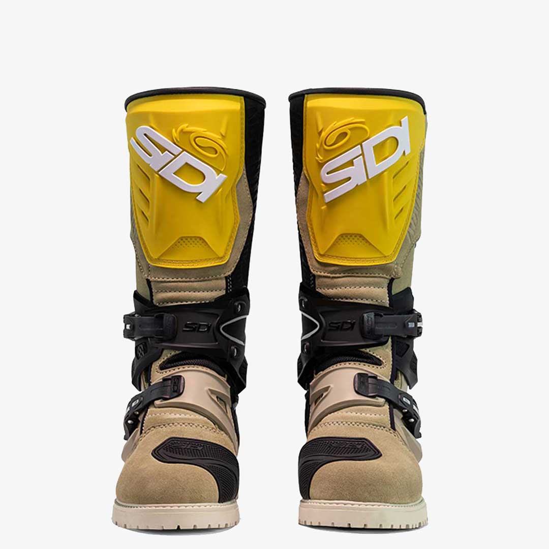 front of brown and yellow adventure 2 gore motorbike boots
