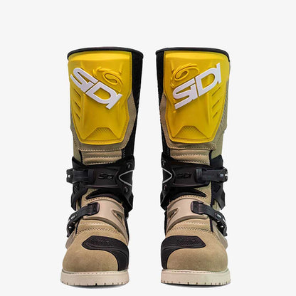 front of brown and yellow adventure 2 gore motorbike boots
