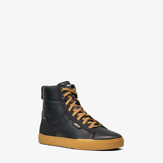 black leather motorcycle high top trainers with brown sole and laces