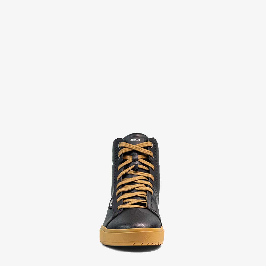 front of lace up black and brown motorbike shoes
