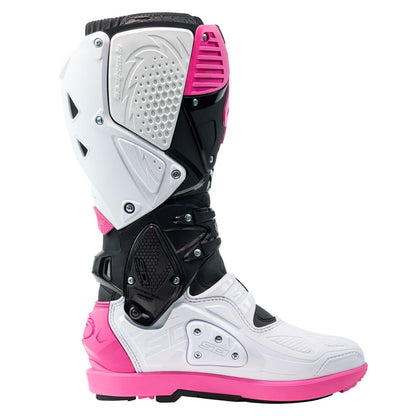 inner side view of white black and pink Sidi Crossfire 3 srs motorbike boots