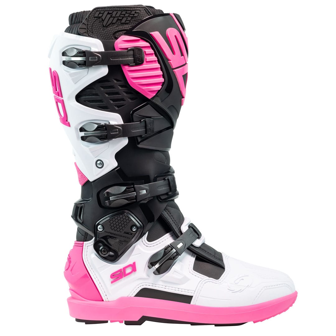 outer side view of sidi crossfire 3 srs motorbike boots in black white and pink colourway