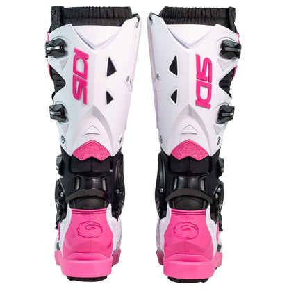 back of a pair of black white and pink motorbike boots