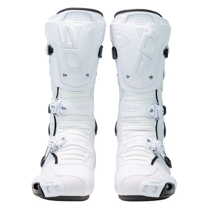 front of a pair of Sidi motorbike boots in white