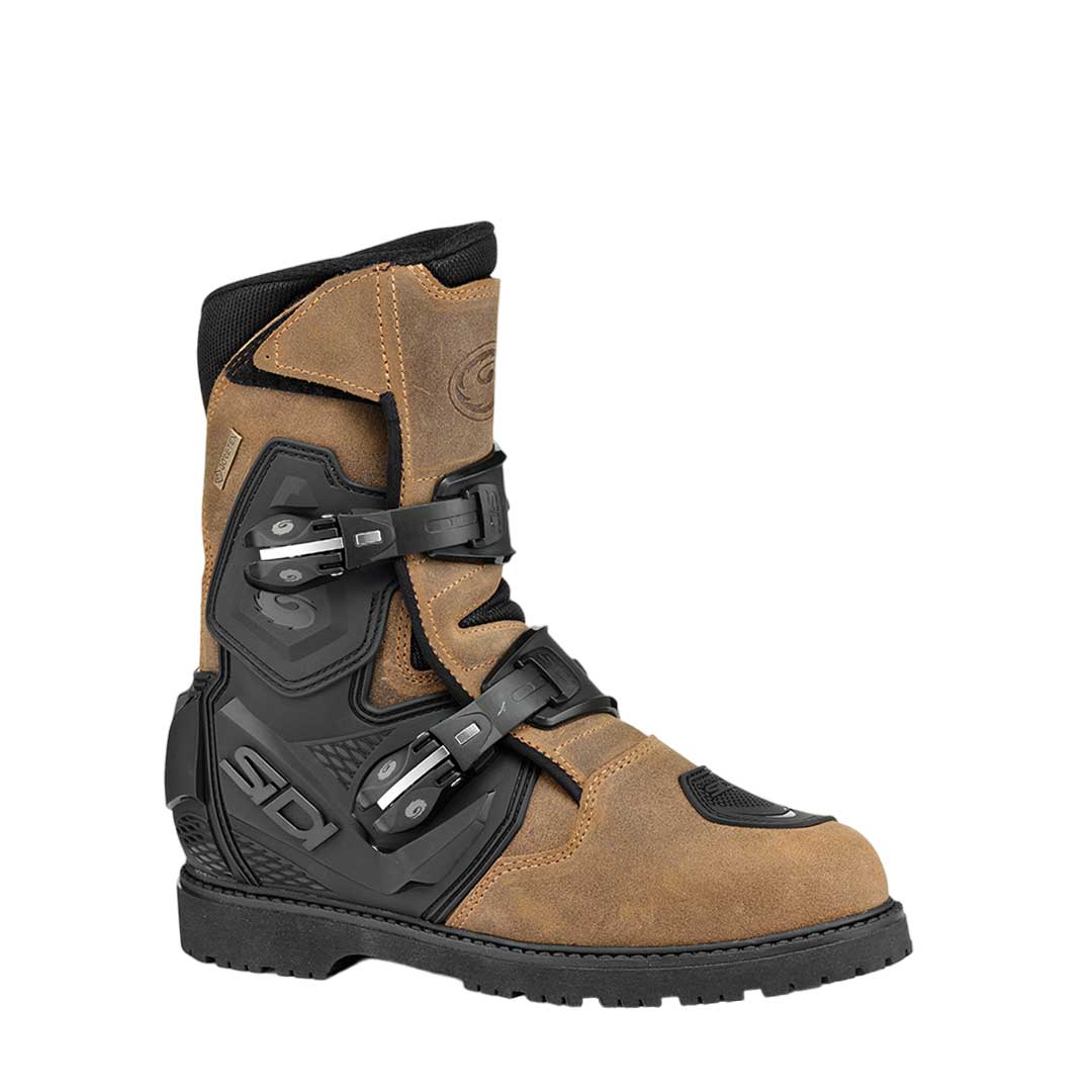 side view of sidi id adventure 2 gore brown and black motorcycle boots for men