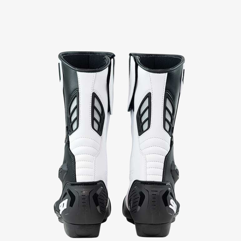 back of a pair of black and white sidi boots