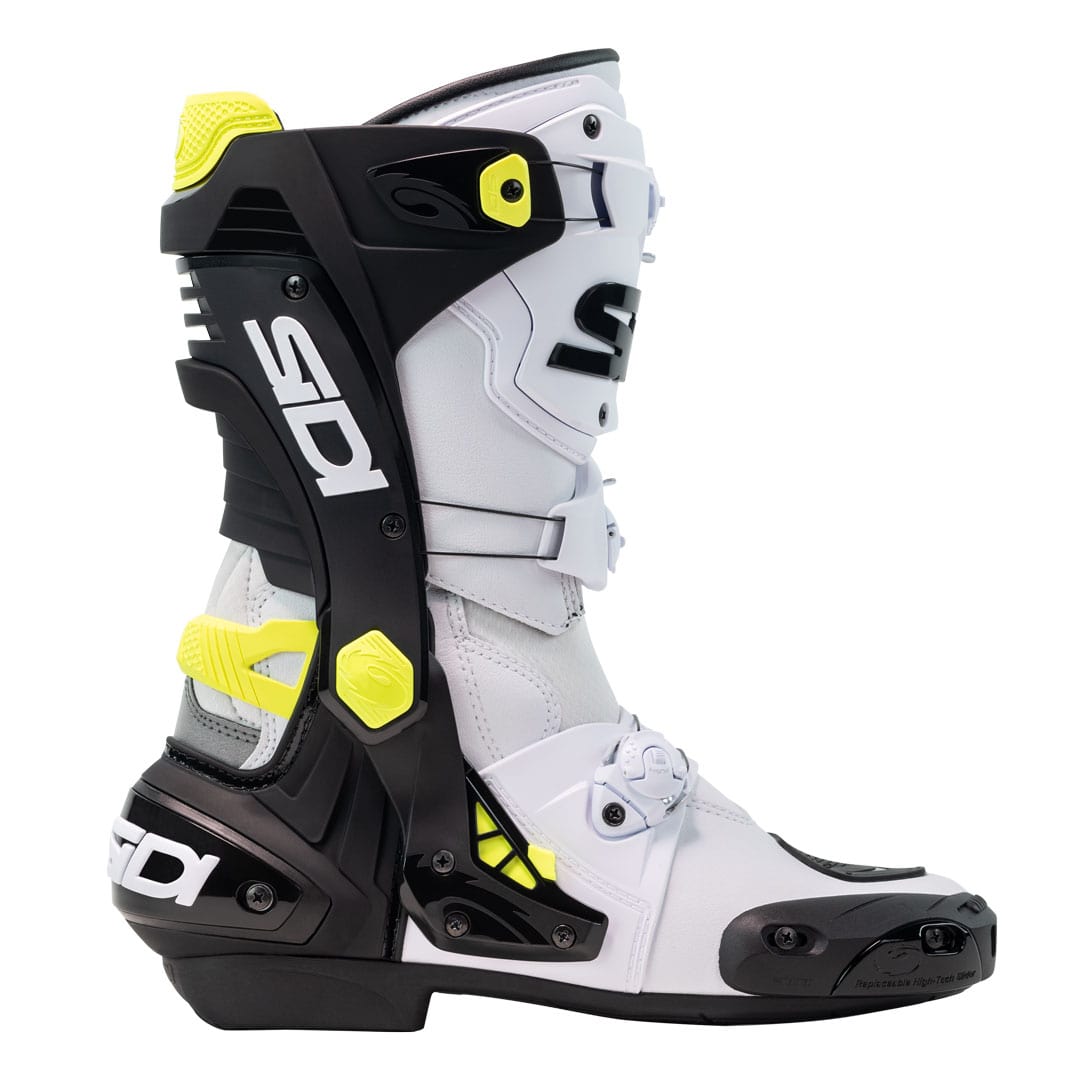 side view of black white and yellow Sidi Rex motorbike boots