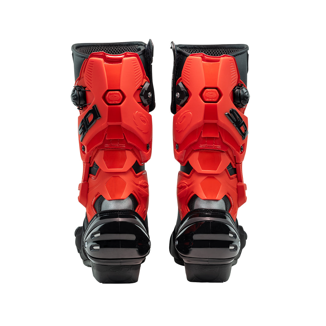 back of a pair of Sidi Vertigo 2 motorbike boots in black and red