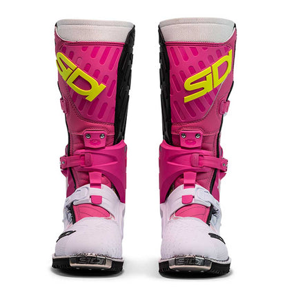 front of pink and white motorcycle boots with yellow sidi logo