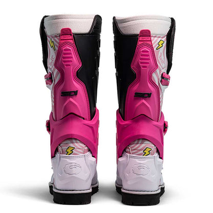 bakc of pink and white motorcycle boots with lighting bolt design