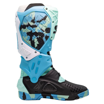 side view of blue green and black messy cyan sidi crossair x motorcycle boots