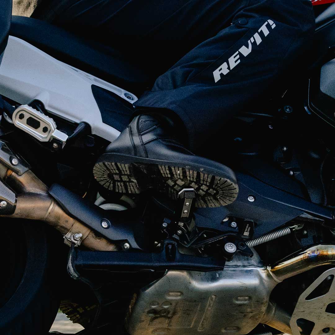 close up of rubber grip control soles on sidi motorcycle boots