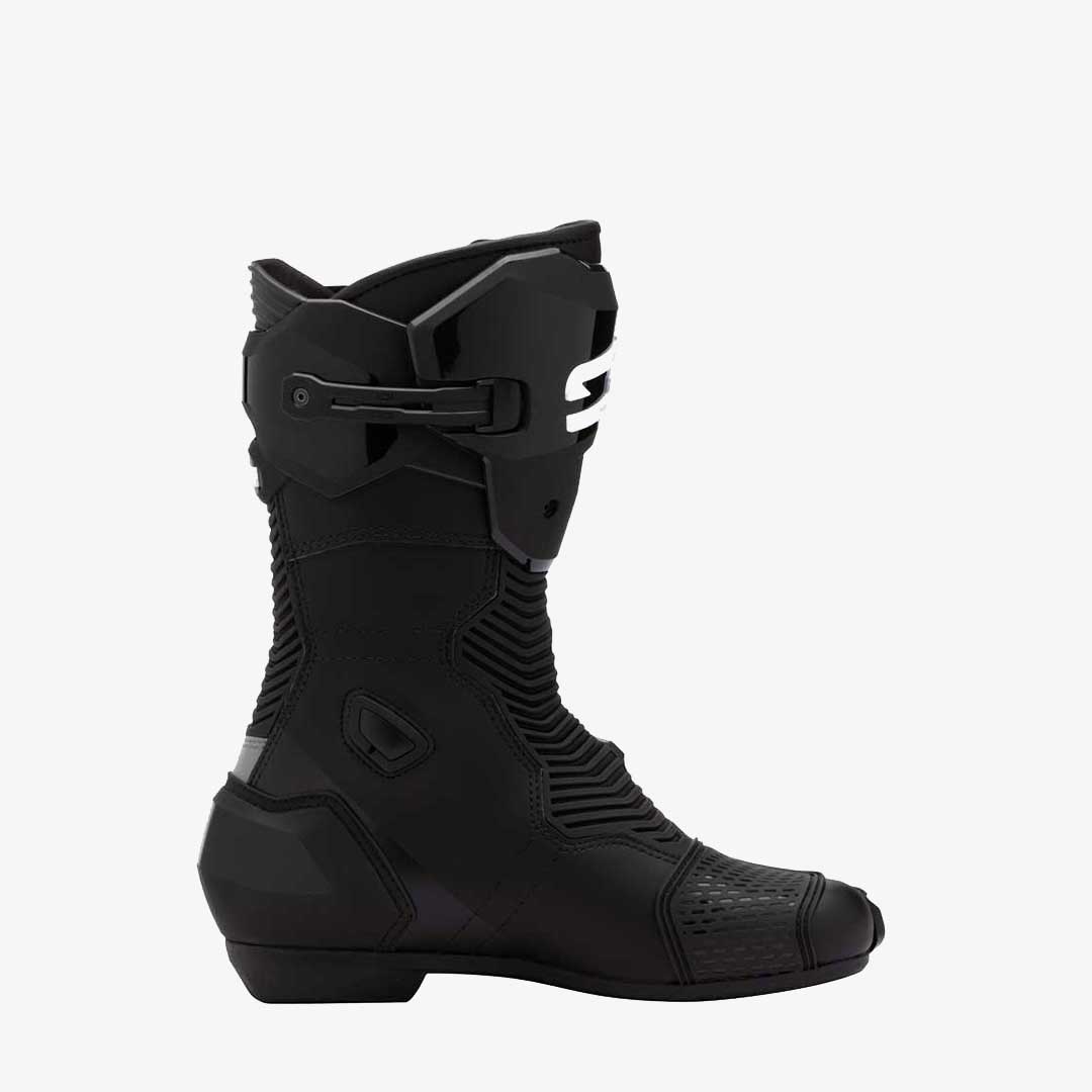 Black boot with a brand logo on a white background