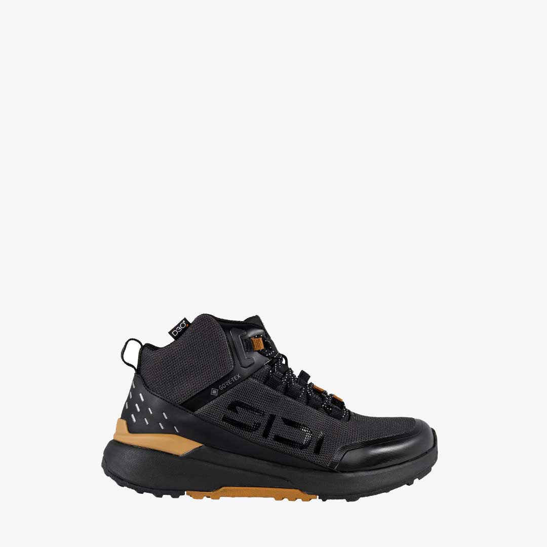 side view of black and brown motorcycle shoes with sidi logo and gore-tex sign