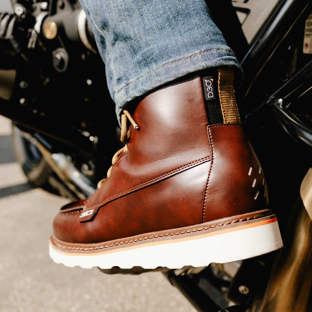 back of brown leather motorcycle trainer shoes for men